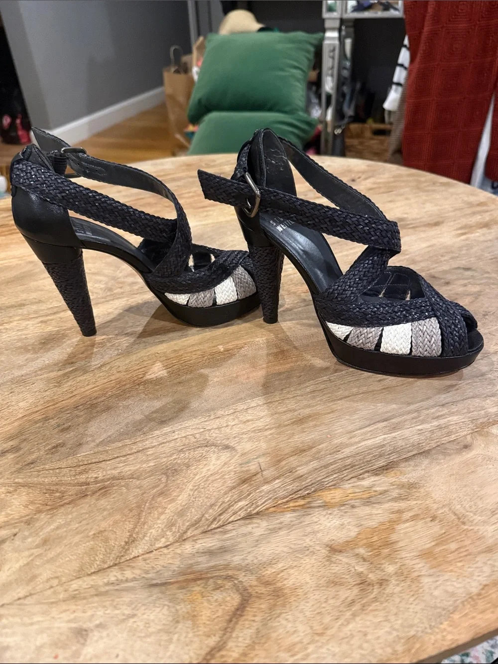 Stuart Weitzman Black and Ivory Braided Wedge Sandals with Ankle Strap